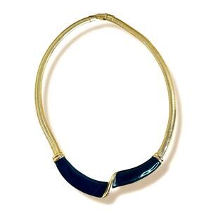 Vintage Omega Chain Necklace Gold Tone Navy Blue Enamel Center 1980s 1990s